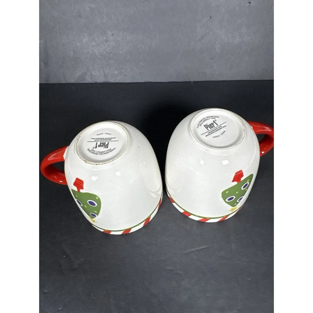 Pier 1 Christmas Tree Mugs Set of 2 Candy Cane Stripe Ironstone Holiday